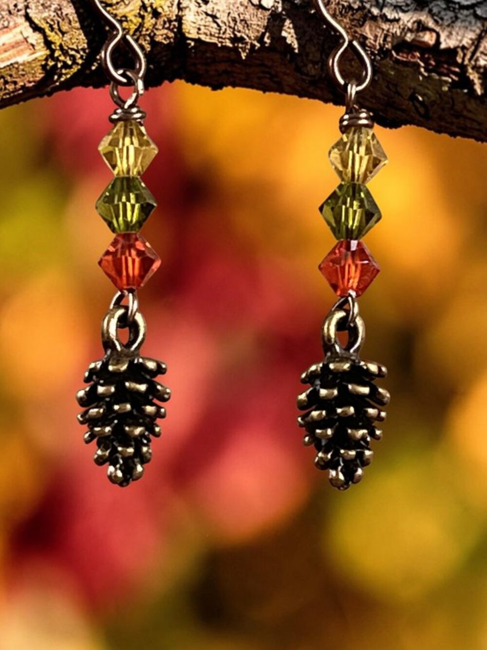 Whimsical Fall Dangle Earrings | Boho Crystal and Pinecone Earrings